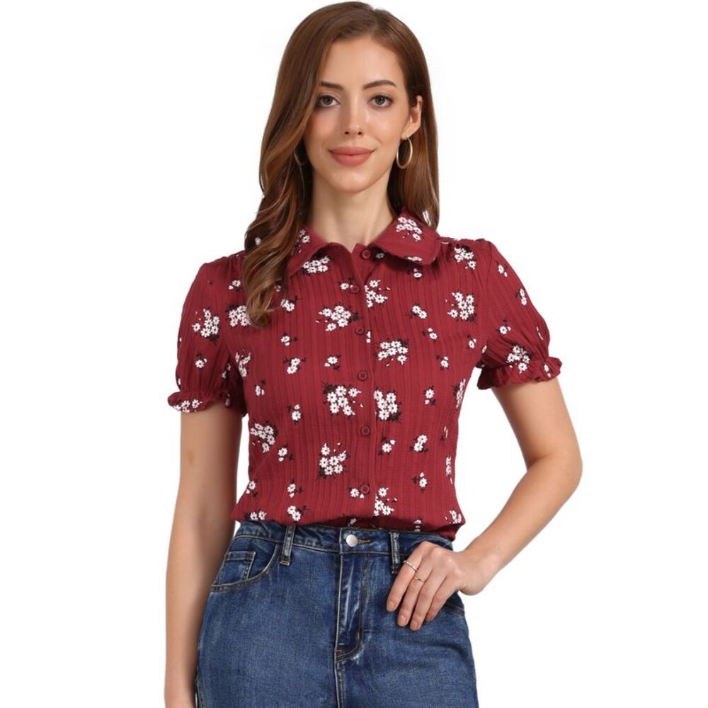 Cotton Frilled Top Turndown Collar Blossoms Blouse Shirt Dark Red Floral